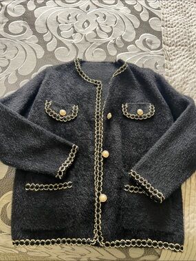 Black Textured Knit Cardigan with Gold Trim & Pearl Buttons